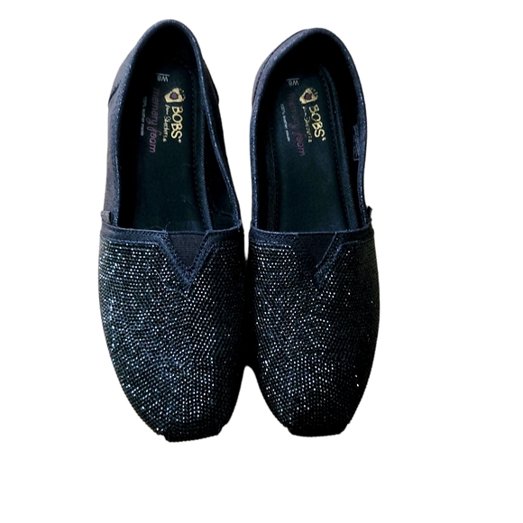 BOB'S SKECHER Black Glitter Plush Women's Size 8 Slip On Canvas Shoes - Picture 6 of 13